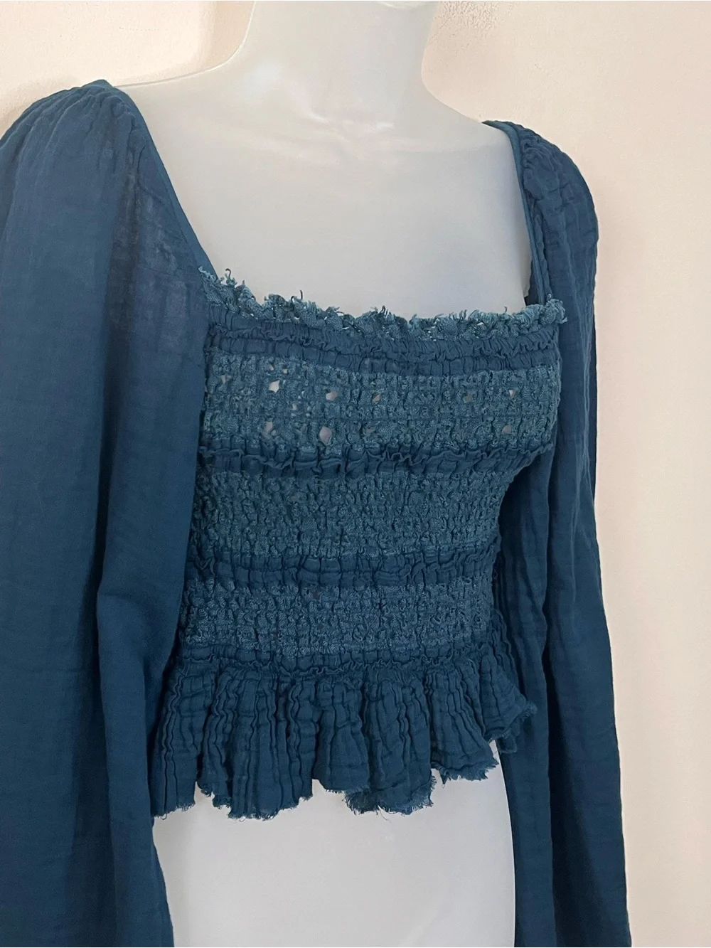 FREE PEOPLE FP ONE Afton Smocked Gauze Square Neck Crop Top Peacock Blue Boho